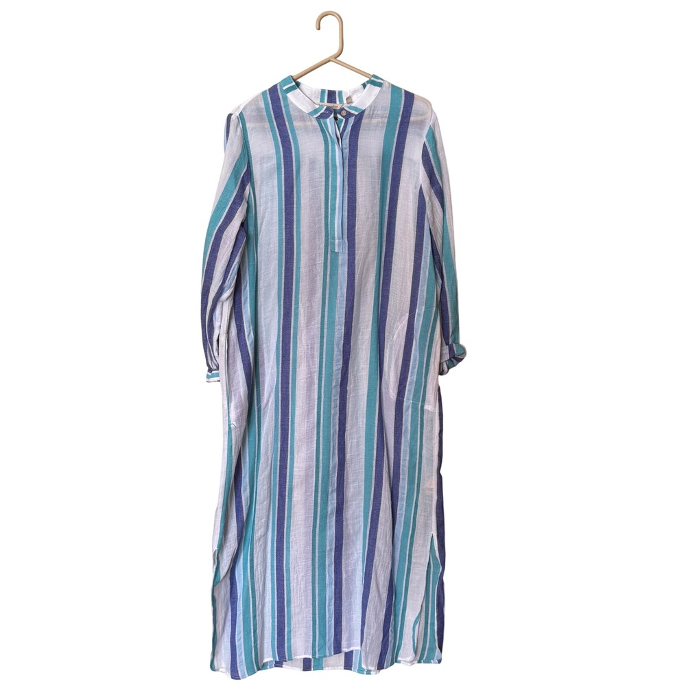 Soft Surroundings Blue Teal Striped Cotton Blend Henley‎ Maxi Dress Petite Large